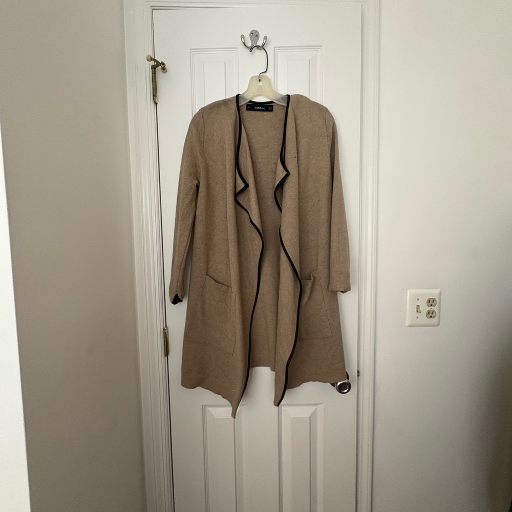 Zara Tan Cardigan Sweater Elegant Open Front Design